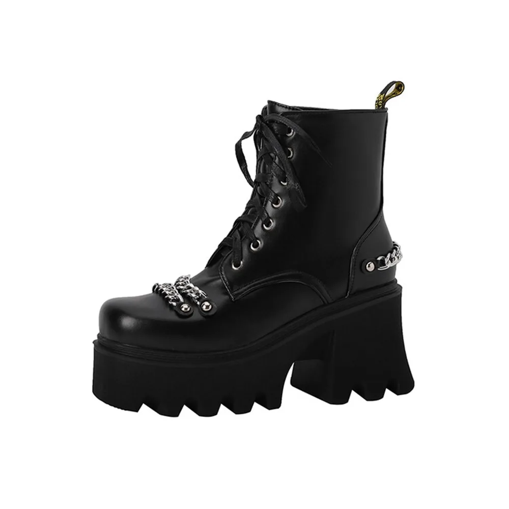 Metal Chain Platform Ankle Boots Women Lace Up Chunky Block Heel Goth Short Boots Black Shiny Leather Size 34-44