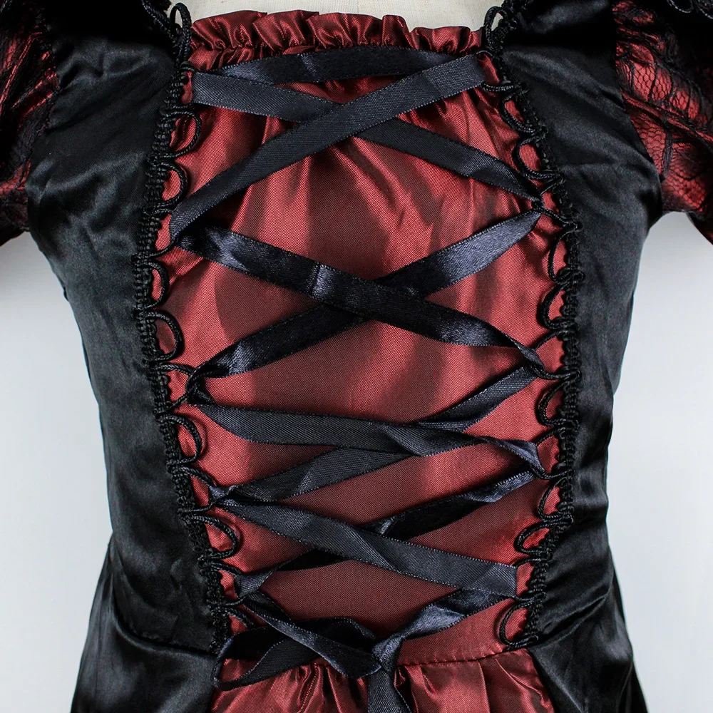 Mädchen Cosplay Kostüm Kleid Kinder Gothic Vampir Rollenspiel Outfit Schwarzes Rotes Satinkleid für Halloween Verkleidungsparty – Detail 6