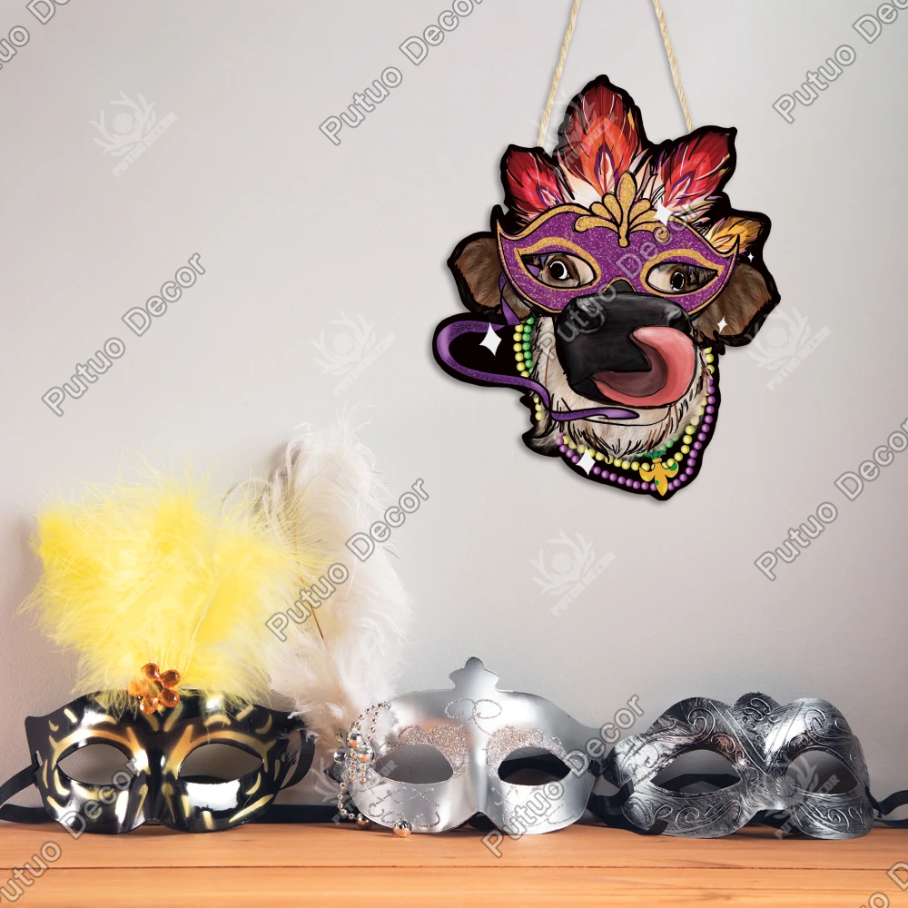 Putuo Decor Masked Bull Head Wooden Hanging Sign Decor, Wall Decor for Home Cafe Bar Club, 13.5 X 11 Inches Carnival Gifts