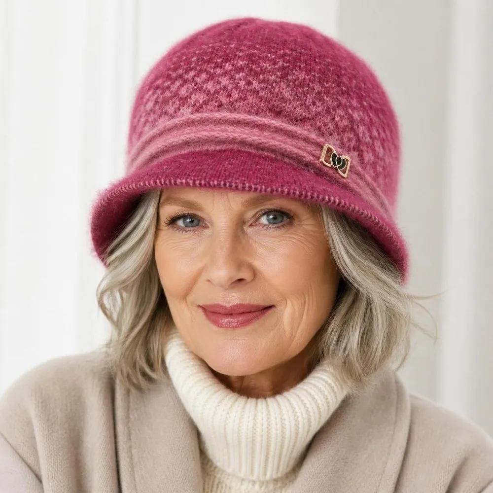 Exquisite Bow Fleece Knitted Hat Cold Resistant Windproof Winter Hat Thickened Basin Cap Middle-Aged Women