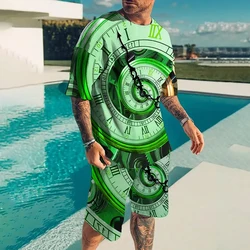 Men's Summer Cool Set Retro Clock Print T-shirt Men's Classic Round Neck Short Sleeve Shorts Set Street Beat Breathable Clothing