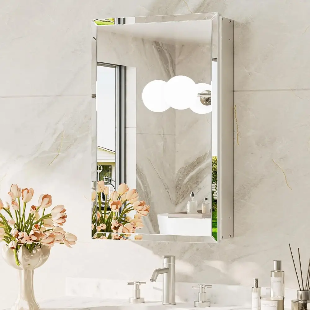 14 x 24 Medicine Cabinet with Mirror, Assembly Required, Silver Reced Bathroom Medicine Cabinet with Tempered Beveled Mirror, St