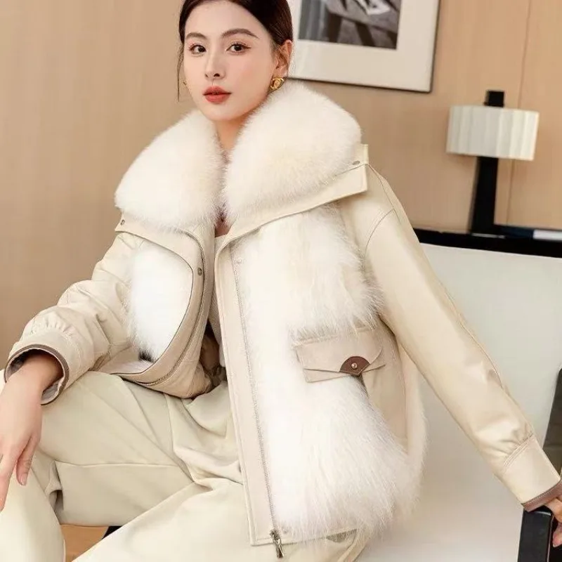 أنيقة كبيرة الفراء طوق مربوط معطف المرأة 2025 مزاجه المألوف شتاء جديد القطن الفراء فتاة سترة #3