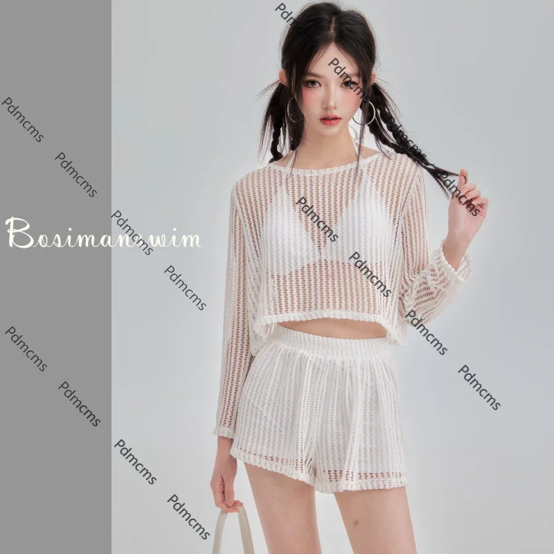 

Новый женский купальник из полиэстера 2025 года тонкий, закрывающий живот, свободный разделенный модный возрастной и тонкий купальник из трех частей.