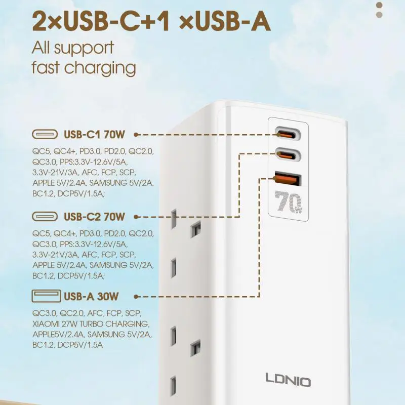 LDNIO Vertical Socket Tower 2M Extension Power Cord USB UK Plug 70W Type C Fast Charging Stations Uk Butt Plug Filters Adapter