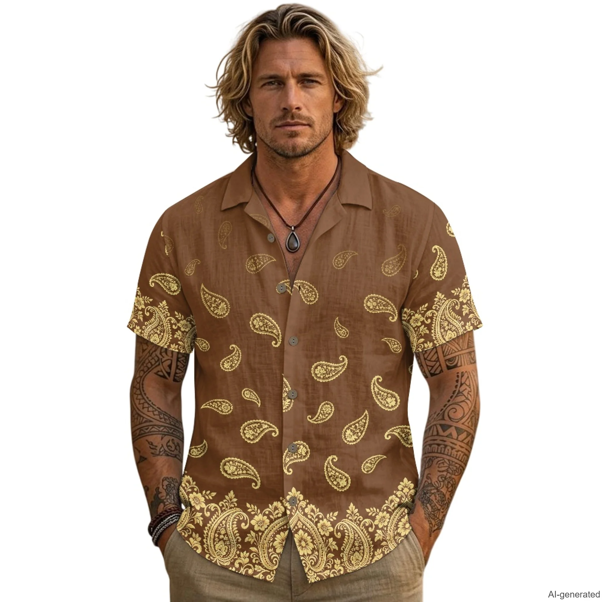 XIXIRIMIDO Summer Men's Linen Casual Lightweight Button Turn-Cown Collar Breathable Shirts Paisley Print Beach Style Plus Size