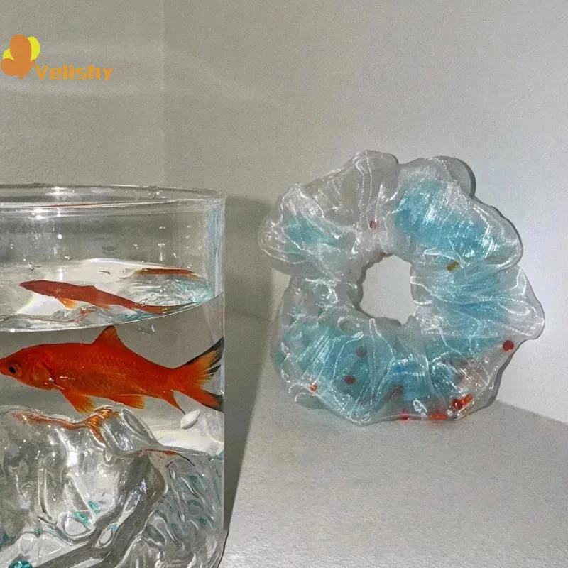 1Pcs 여름 블루 금붕어 대장 헤어 번들 메쉬 클리어 헤어 링 여성 디자인 감각 탄성 헤어 액세서리