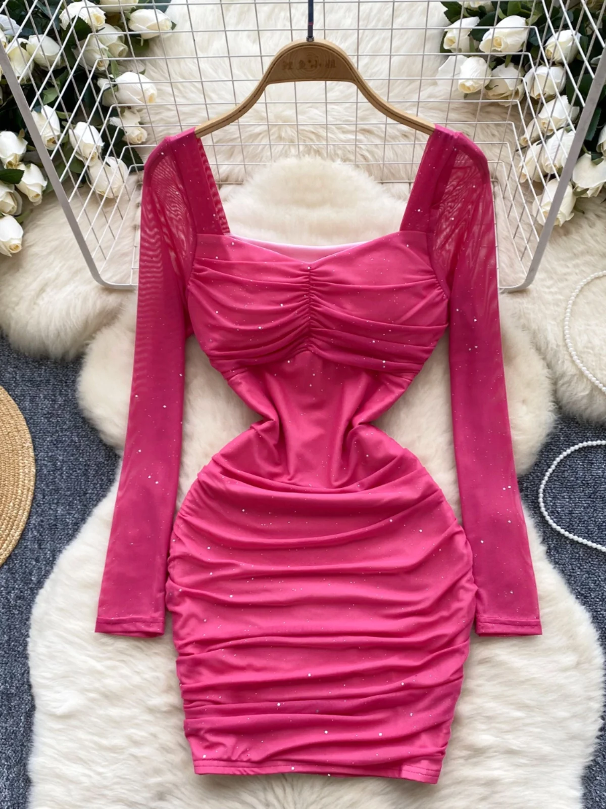 

Women's Chic Sexy Square Neck Pleated Waist Thin Long Sleeve Mesh Yarn Slim Fit Mini Dress Party Club Sexy Night Dress Hot