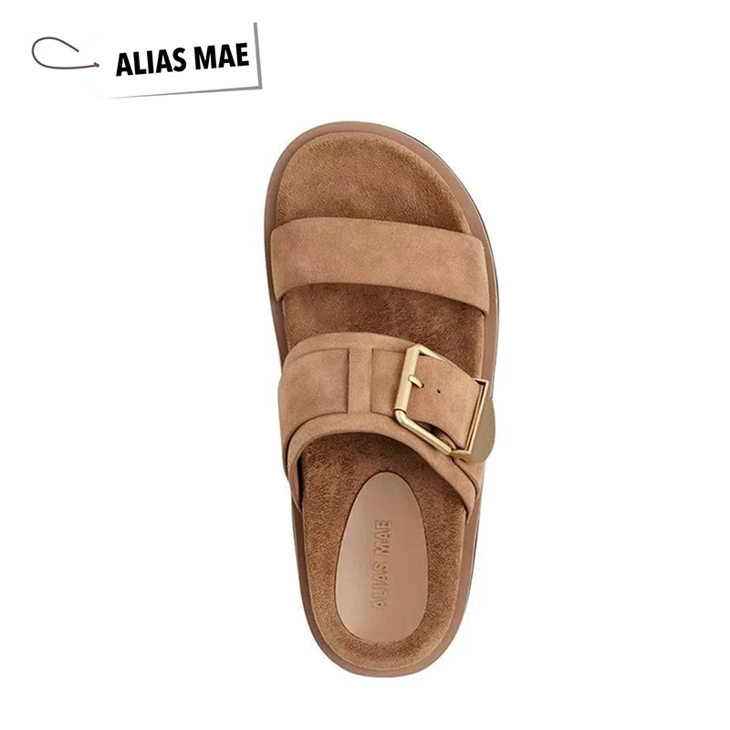 

ALIAS MAE 2025 Spring New Product: Suede Solid Color Splicing Buckle Flat Bottom Women's Home and Outdoor Sandals