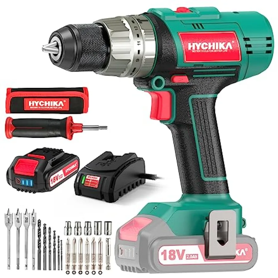 

Cordless Hammer Drill Driver 18V HYCHIKA 400 In-lbs Torque Power Drill with Auxiliary Handle 1/2 Metal Chuck 2.0Ah Battery 1H F