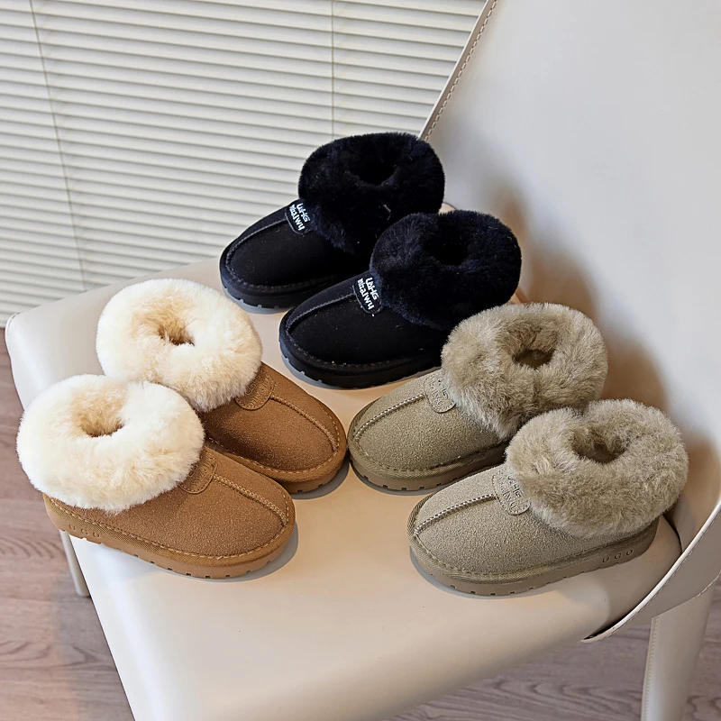 Children's Plush and Thick Lamb Fur Snow Boots  Girls' Low Top Side Zippered Cotton Shoes