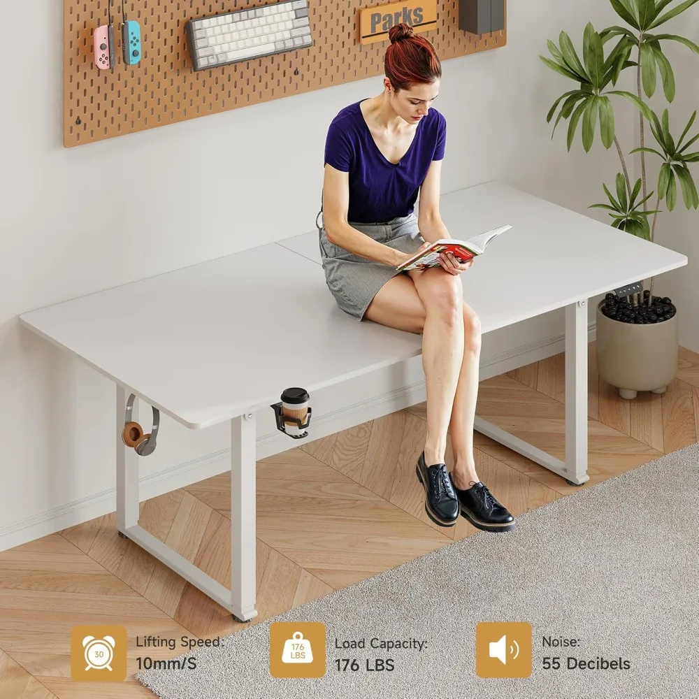 مكتب مستقيم بأربعة أرجل قابل للتعديل مقاس 71 × 32 بوصة مع سطح طاولة مستطيل واسع ورفع محرك مزدوج ووظيفة الذاكرة