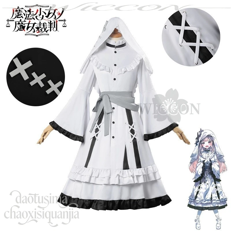 Hikami Meruru Cosplay Anime  Game Mahou Shoujo No Majo Saiban Costume White Nun Sweet Lolita Lace Dress Wigs Hat Halloween Cos