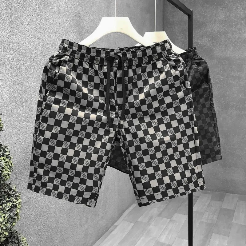 

Мужские шорты из ледяного шелка с клетчатым принтом, летние, свободные, повседневные, модные, в клетку