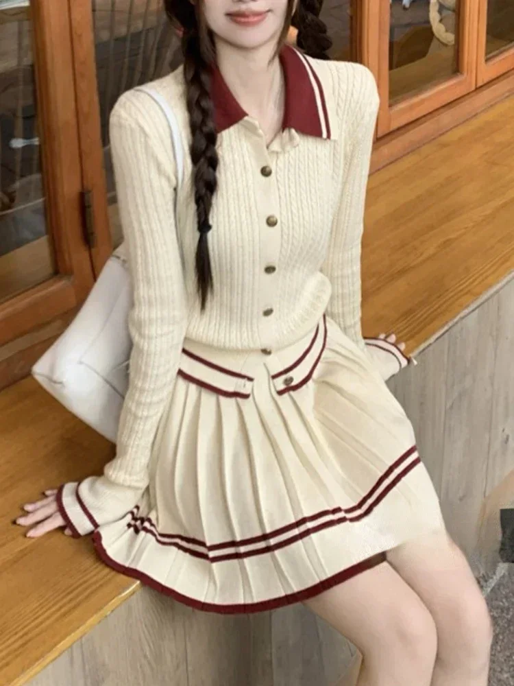 Preppy Style New Patchwork Long Sleeved Cardigan Sweater Women + Pleated Knitted A-line Mini Skirt Korean Fashion Two Piece Set