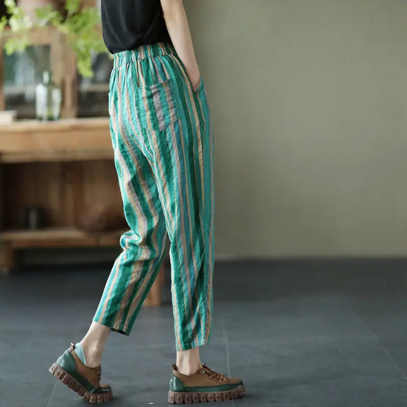 Fashion Elastic Lace Up Vintage Striped Casual Pants Women's Clothing 2024 Summer New Loose All-match High Waist Cropped Pants