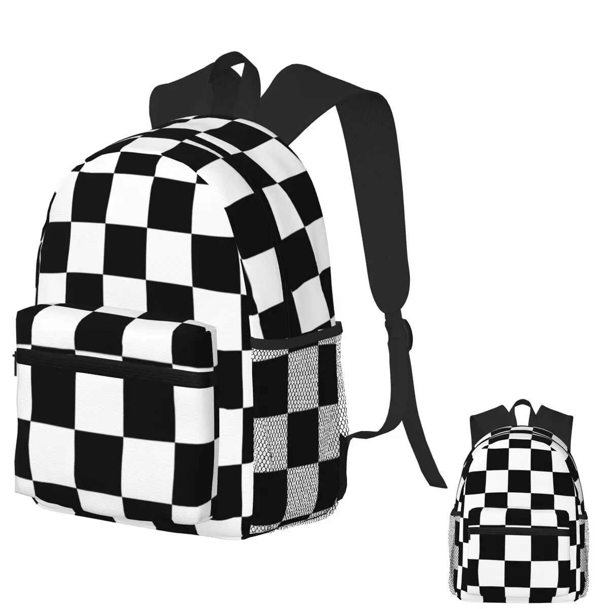 

Monochrome Checker Black & White Minimal Design Student Backpack School Bag Hiking Travel Daypack Fashion Bookbag Shoulder Bags