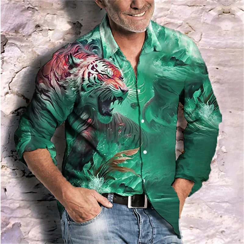 

Fashionable formal men's long sleeved tiger print casual business party holiday shirt