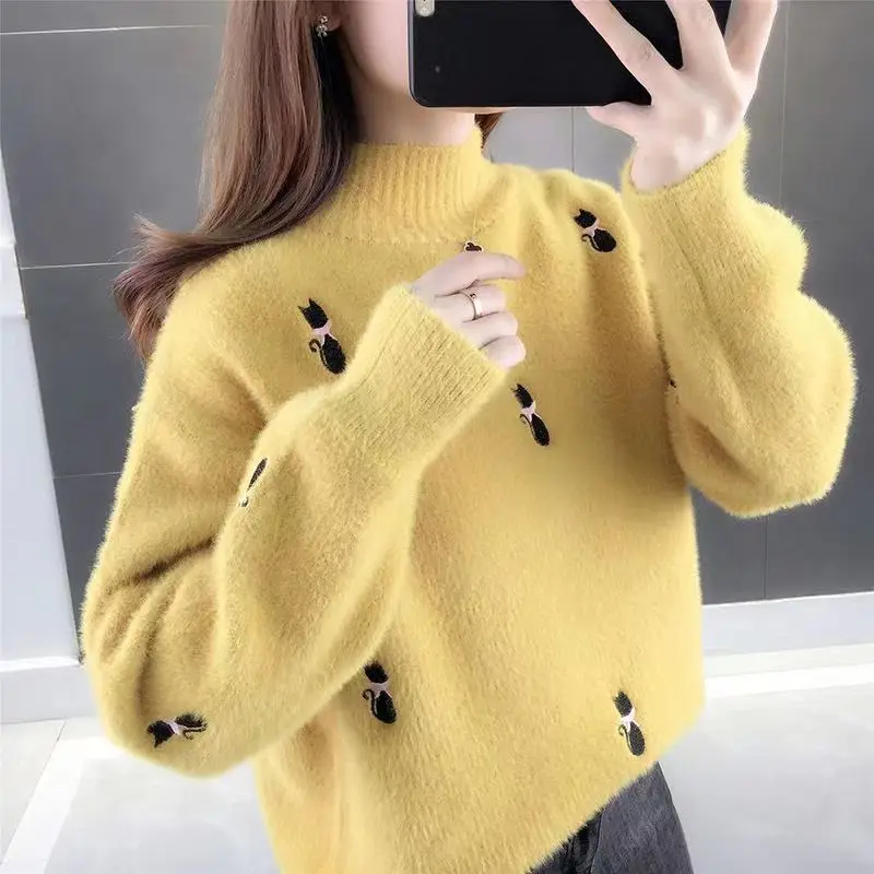 

Fashion Stand Collar Knitted Embroidery Sweaters Women's Clothing 2023 Autumn Winter Oversized Casual Pullovers Commuter Tops