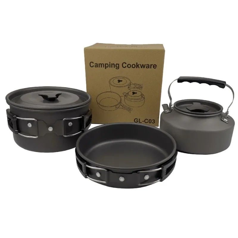 Aluminum Camp Kitchen Camping Cooking Set, Non-Stick Camping Pots and Pans Set with Kettle for Backpacking, Outdoor Cooking