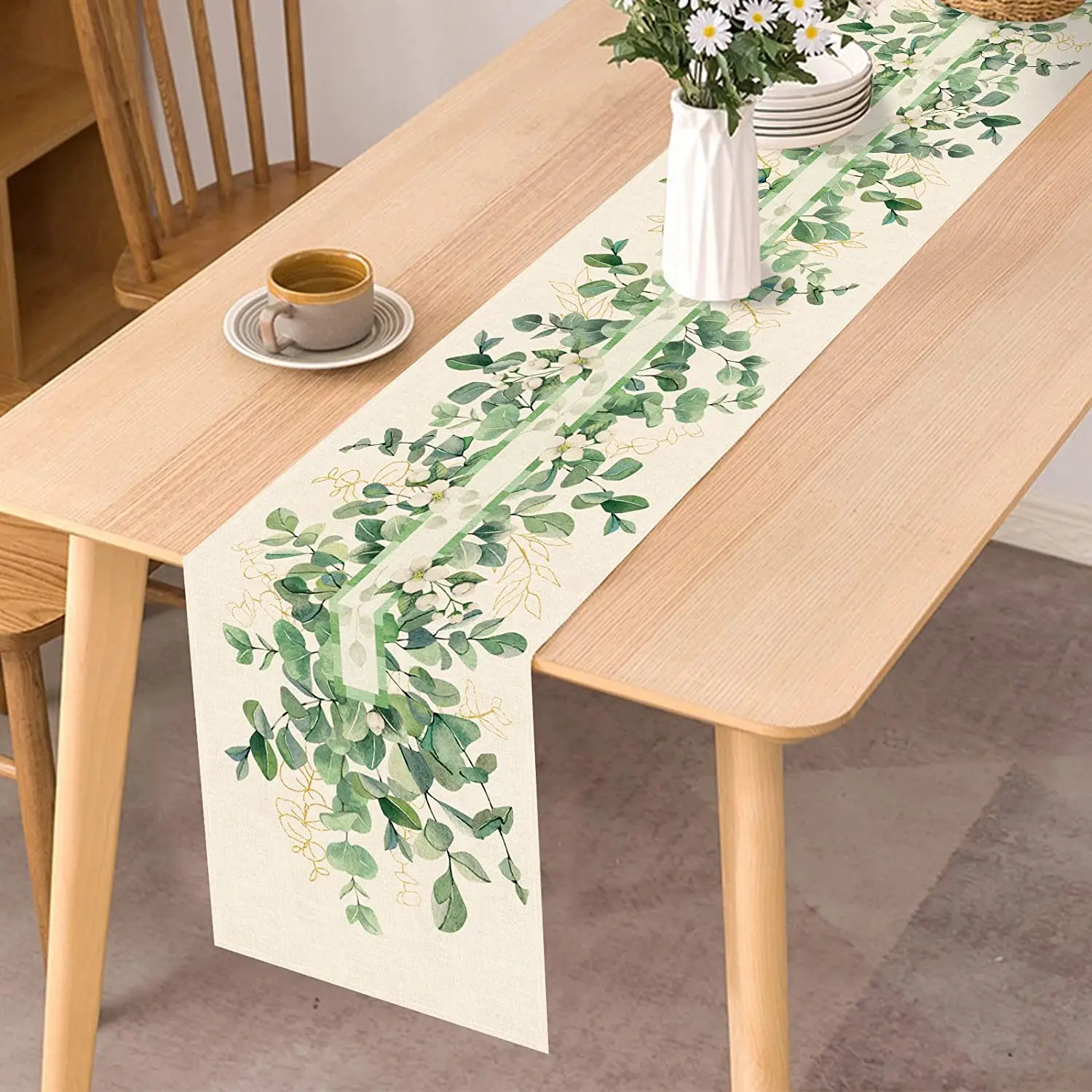 Dogwood Flower Linen Table Runner, Anniversary Holiday Kitchen Table Decoration Table Runner Home Dinner Party Accessories