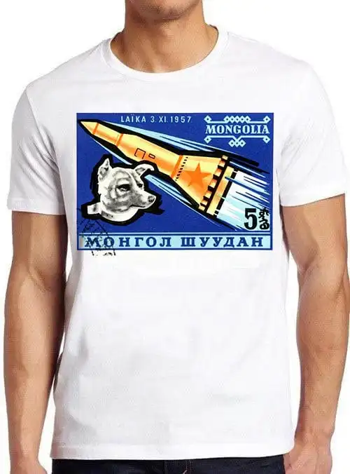 1963 Mongolia Laika First Dog in Space Postage Stamp Letter Movie Music Joke Fashion Art Retro Funny Parody T Shirt 1600