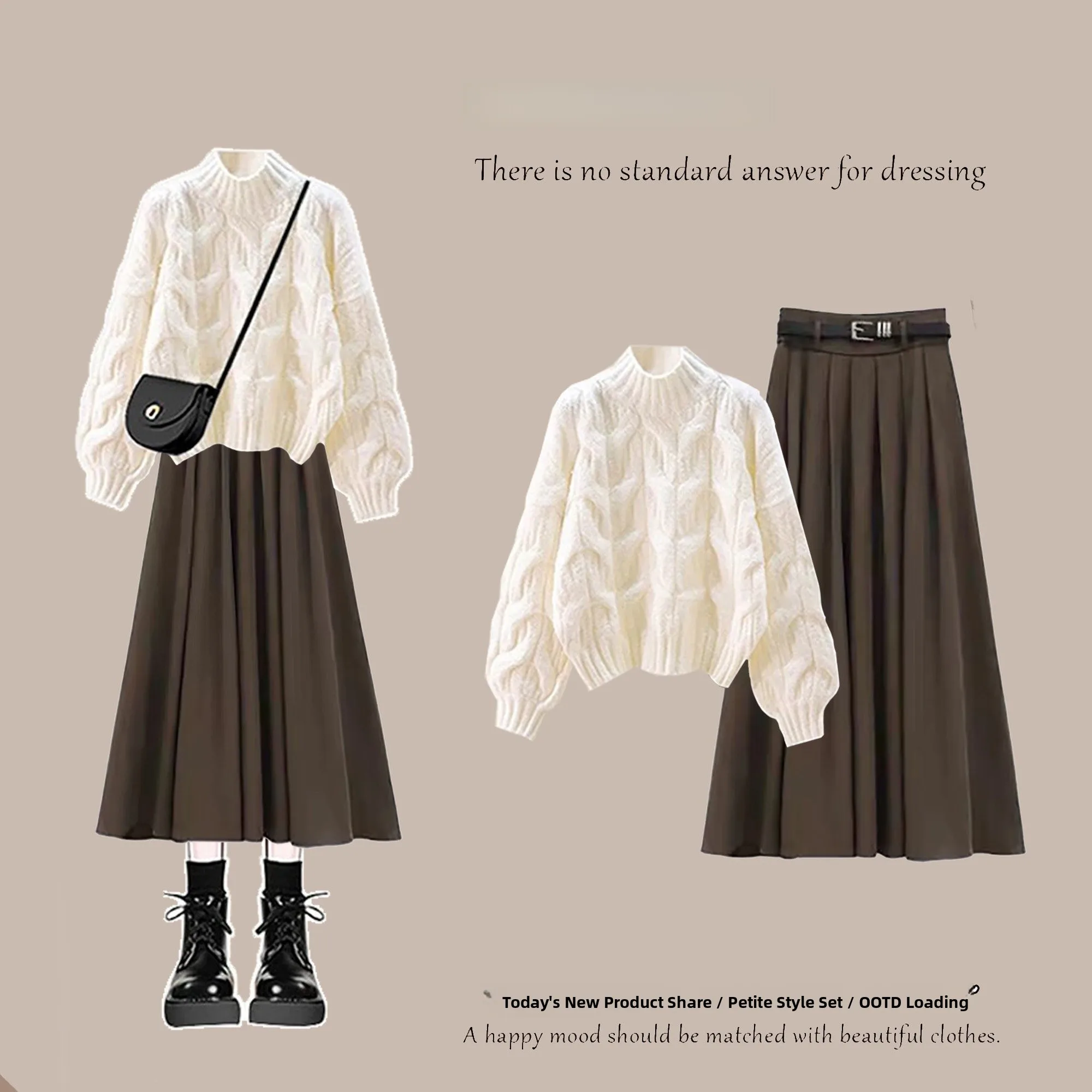 

Loose Large Size Knitted Sweater round Neck Long Sleeve Twist Casual plus Size Spring Coffee Color Half Skirt High Waist Two-...