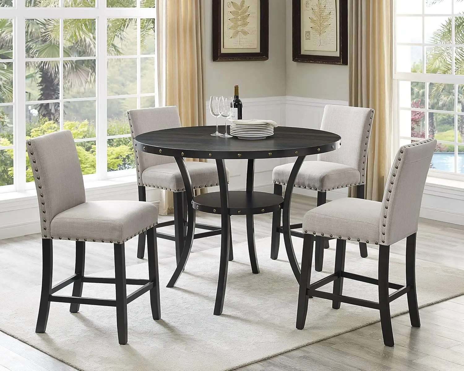 

Collection Biony Espresso Wood Counter Height Dining Set with Tan Fabric Nailhead Stools 48 x 48 x 36 inches