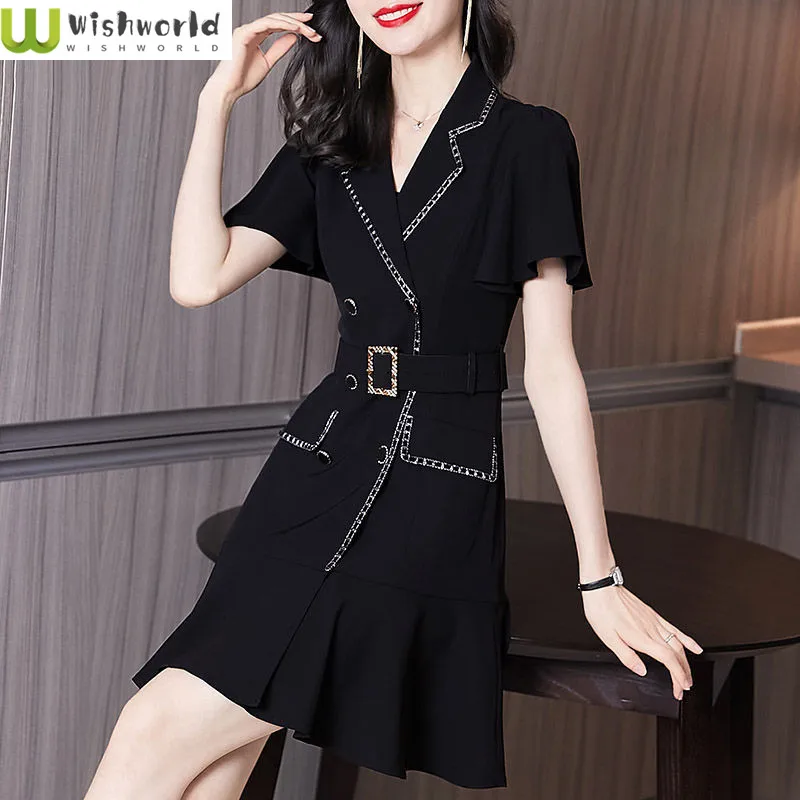 

2022 Spring and Summer New Korean Women's Fashion Small Black Skirt with Thin Waist and Ruffle Short Sleeve Suit Dress