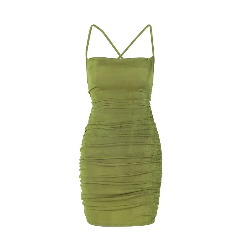 Vestito estivo da donna Mini pieghe Verde Nuova estate Chic Slim Beach Style Sexy aderente Backless Gentle Hotsweet Abbigliamento europeo Vestido