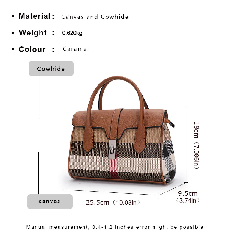 Aidrani Classic plaid women\'s bag, large capacity handbag, canvas patchwork cowhide shoulder bag