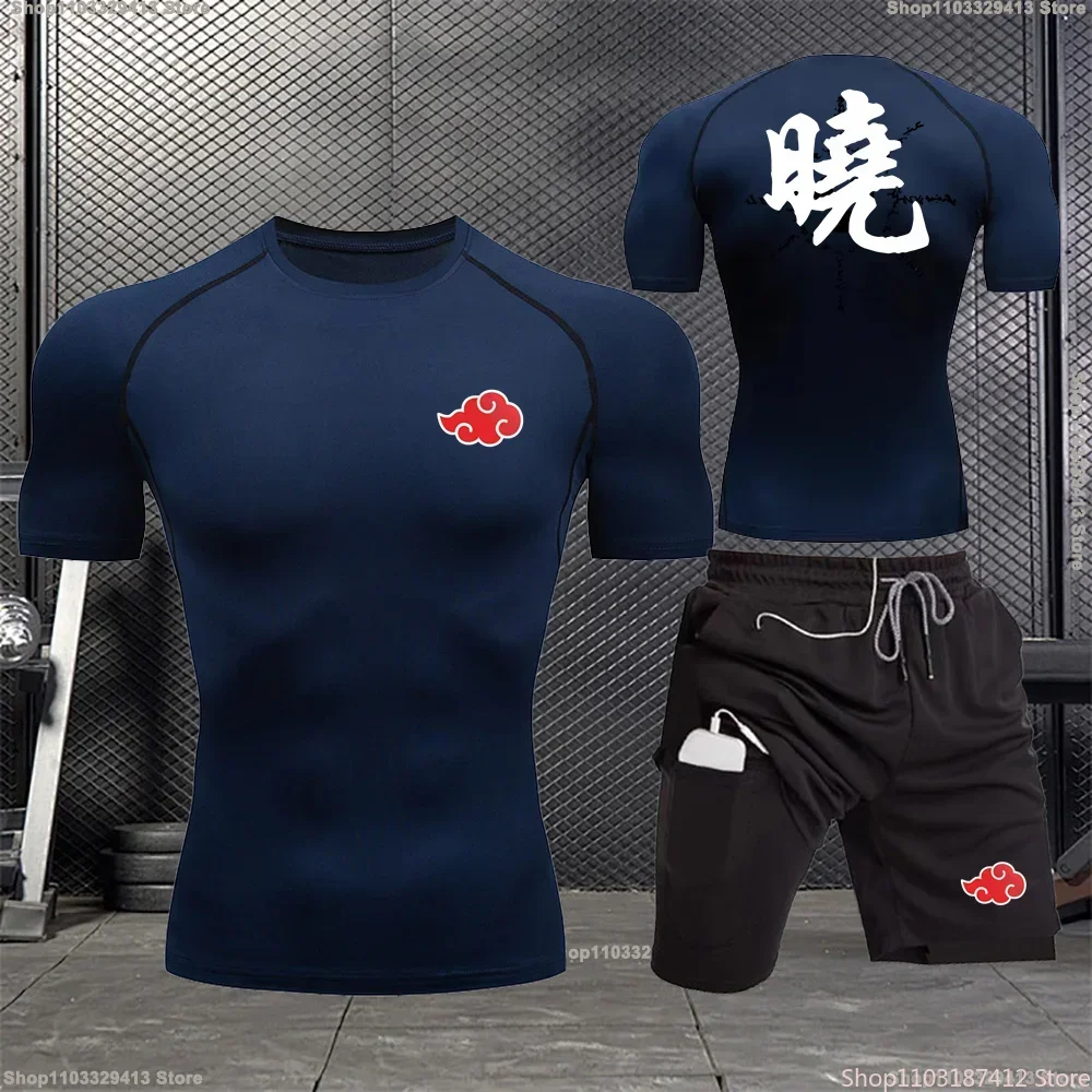 Sportswear de compressão respirável masculino, camiseta apertada, shorts de fitness, desgaste fitness, esportes ao ar livre, treinamento, verão,