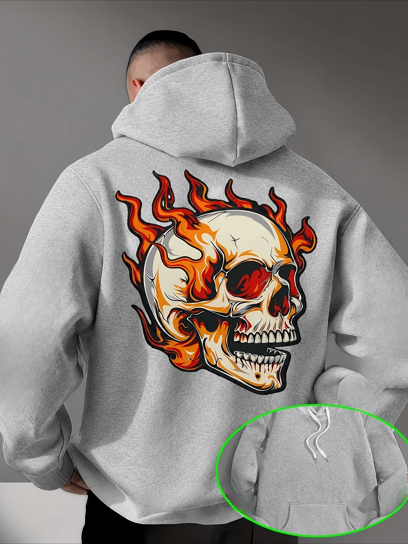 Flame Skull Creative Print Men Hooded Sweatshirt Autumn and Winter Daily Outdoor Sports Loose Fitness Leisure Warm Street Style