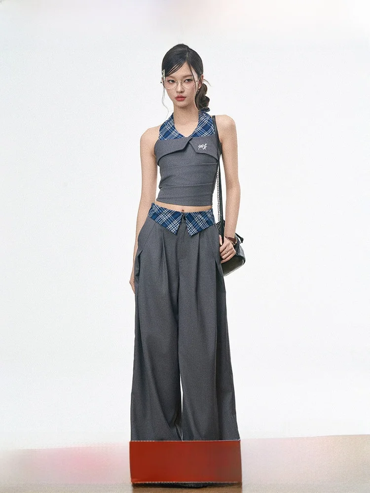 

WESTAYONE Новинка: Женские брюки-палаццо весна-лето с модным дизайном, лоскутным узором и жилетом на бретелях, для делового и повседневного стиля