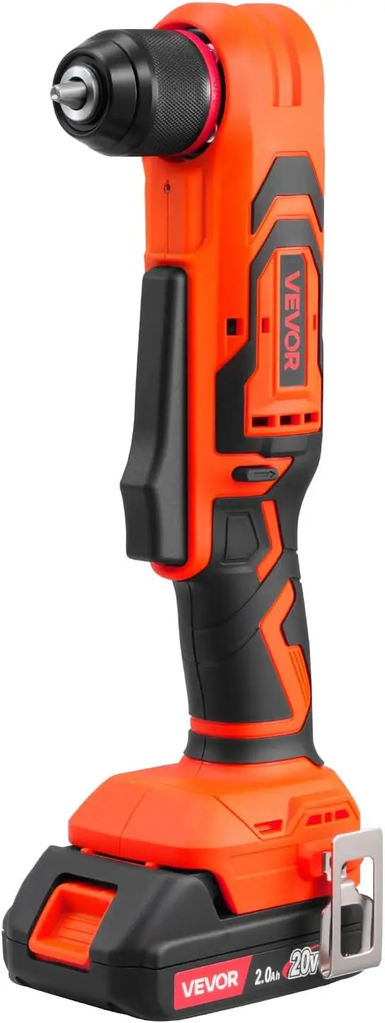 Right Angle Drill, 3/8 Inch Chuck, 90 Degree Cordless Right Angle Drill with Brushless Motor, Battery, Charger, and Belt Clip, A