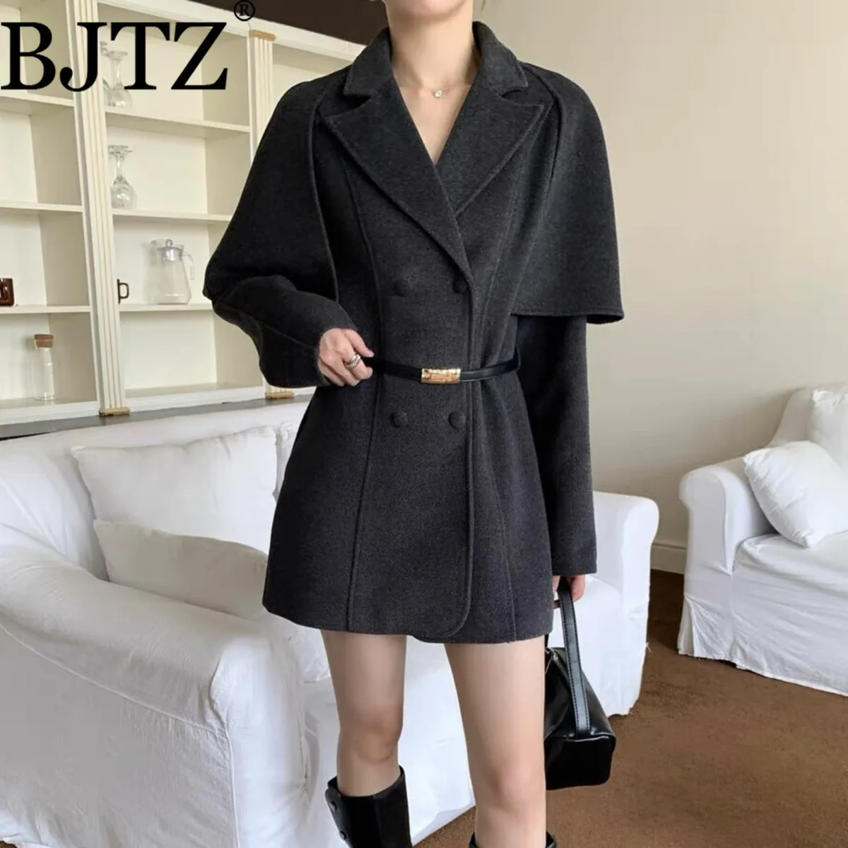 

BJTZ женский плащ в стиле накидки, новинка 2025 года, элегантная утолщенная талия с поясом, весенне-осенняя повседневная офисная шикарная верхняя одежда