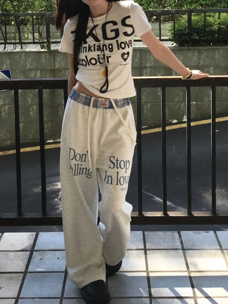 HOUZHOU Vintage Women Sweatpants Baggy Korean Preppy Style Retro Trousers Streetwear Y2k Letter Printed Wide Leg Patchwork Pants