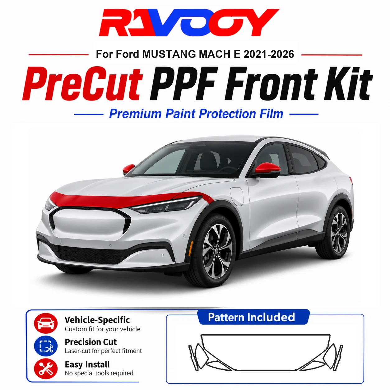 

8.5mil TPU Precut PPF Kit For Ford MUSTANG MACH E 2021-2026 - Hood, Fenders & Mirror Set - Self-Healing Clear Bra Film