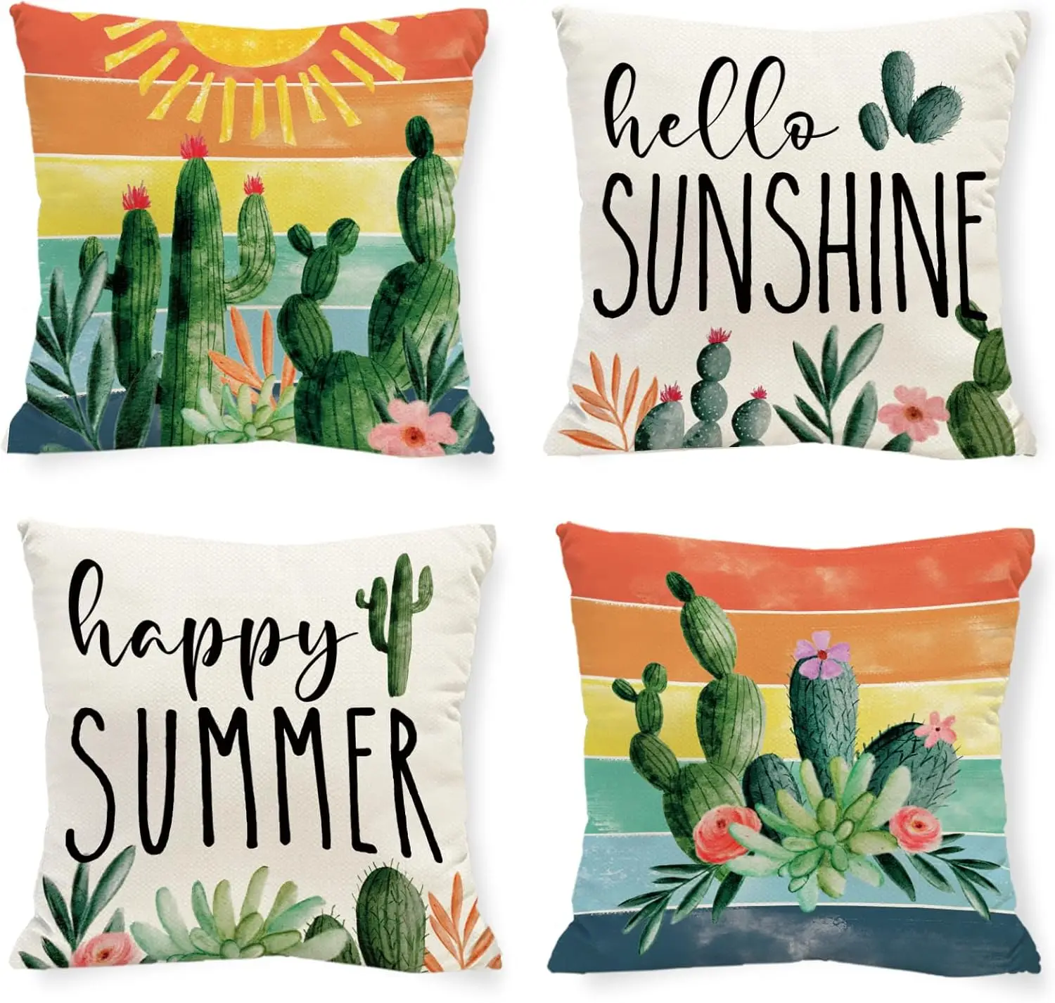 

4Pcs Boho Summer Throw Pillow Covers "Happy Summer" Cactus Cushion Cases with Rainbow Sun for Living Room Bedroom Sofa Home
