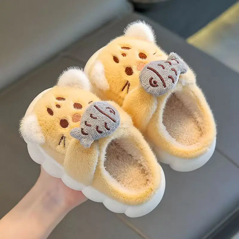 

Children Cartoon Baotou Cotton Slippers Boys And Girls Soft Sole Non Slip Thicken Plush Keep Warm Home Lovely Fluffy Slippers