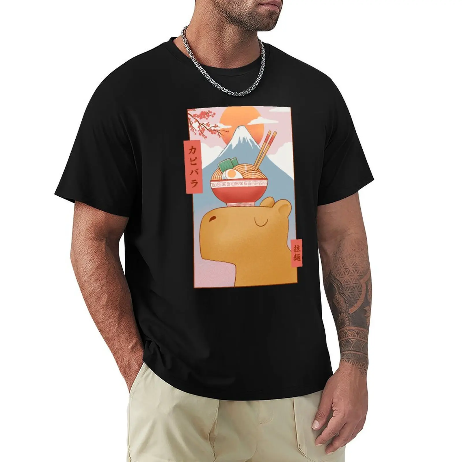 

Capybara and ramen T-Shirt shirts graphic funny shirt cotton mens big and tall t shirts