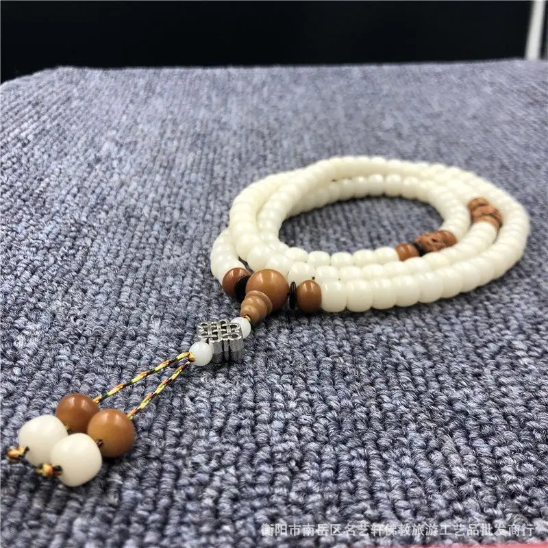 108White Corypha Umbraculifea Pieces Barrel Bead Bracelet with Rudraksha Models Tibetan Silver Pendant Beads Bracelet