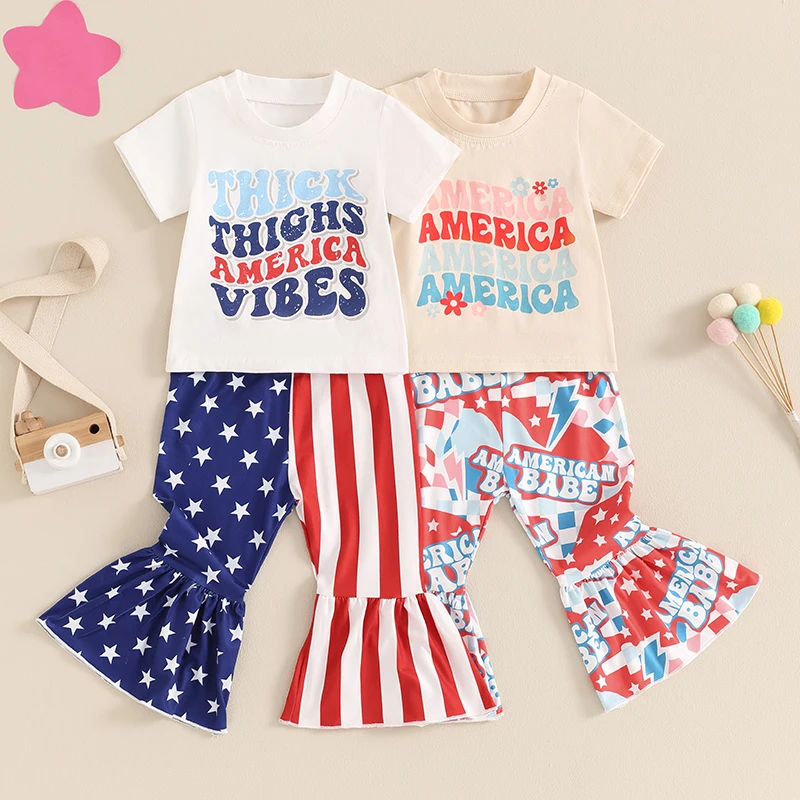 Toddler Girls 4th of July Outfits Letter Print Crew Neck Short Sleeve T-Shirts Stripe Stars Print Flare Pants 2Pcs Clothes Set