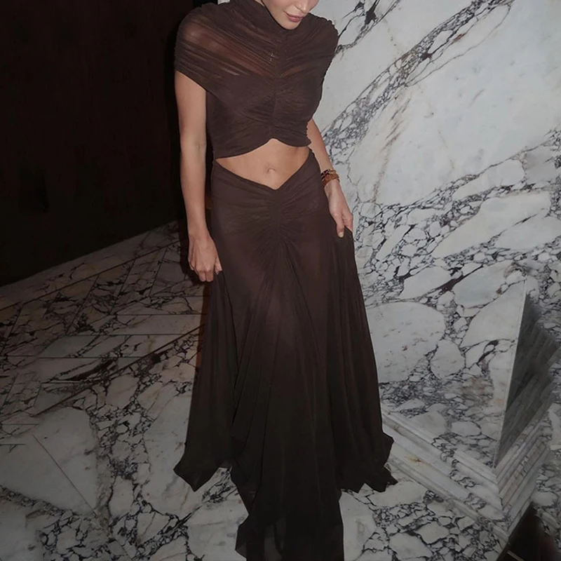 ชุดเดรสออกงานผู้หญิง คอทรงโอ แขนสั้น ทรงเข้ารูป เซ็กซี่ โชว์เอว ชุดเดรสออกงานเรียบง่าย สีพื้น ผ้าตาข่าย จับจีบ ยาว