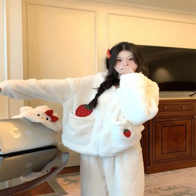 

Hooded Pajama Set Two-Piece Set Girl Winter Homewear Winter Keep Warm Sweet Cute Coral Fleece Sleepwear Soft Keep Warm Nightwear