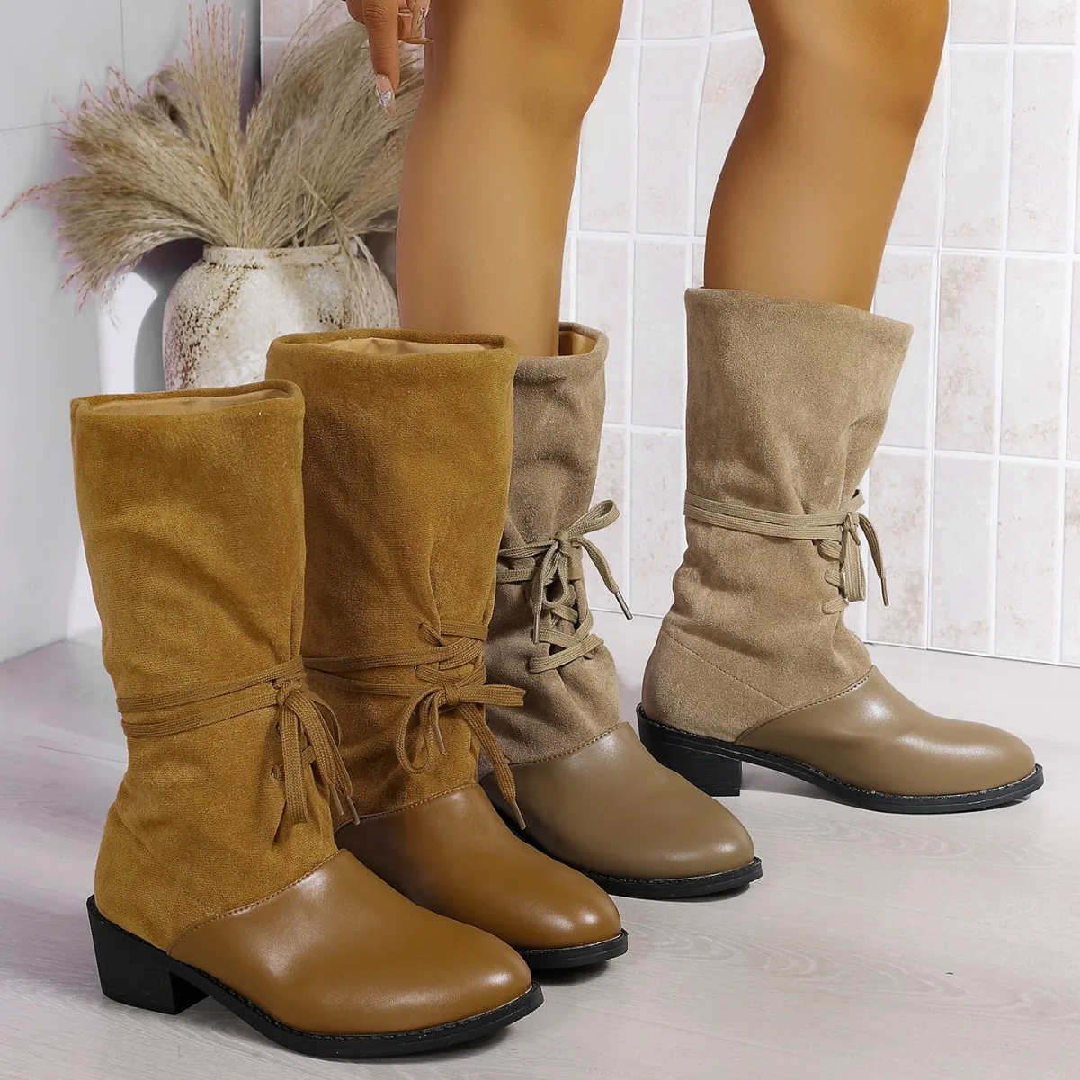 Women's Retro Splicing High Rise Middle Barrel Stacked Leather Boots Fashion Autumn Winter Collection