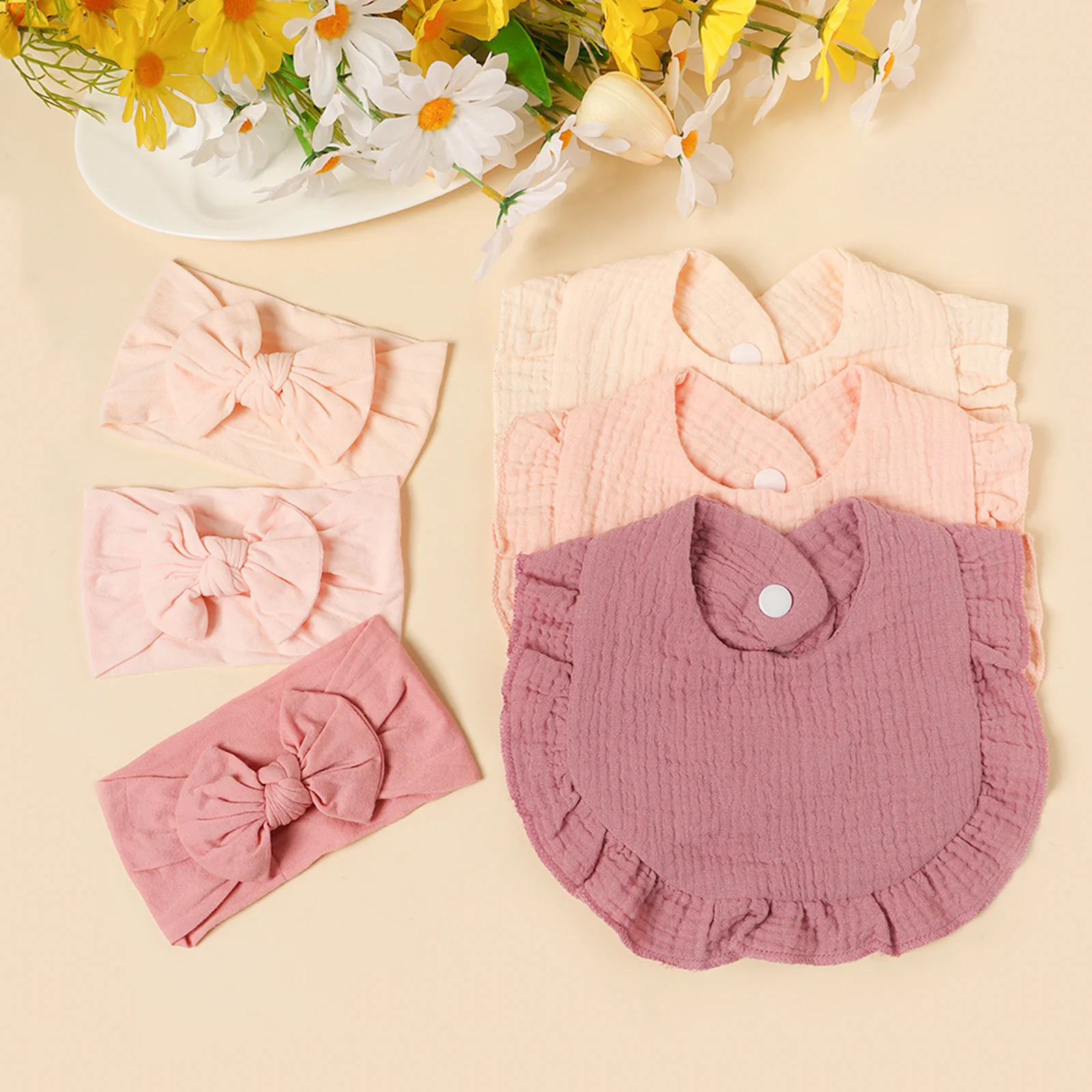6Pcs Nylon Headband Drool Towel Combination Set Baby Cute Skin Friendly Elastic Headband Newborn Soft Comfortable Set Gift