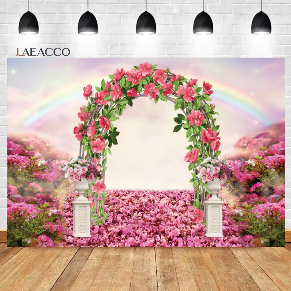 

Laeacco Spring Dream Sakura Wedding Arch Photo Backdrop Rainbow Flowers Girl Priness Portrait Cusntomized Photography Background