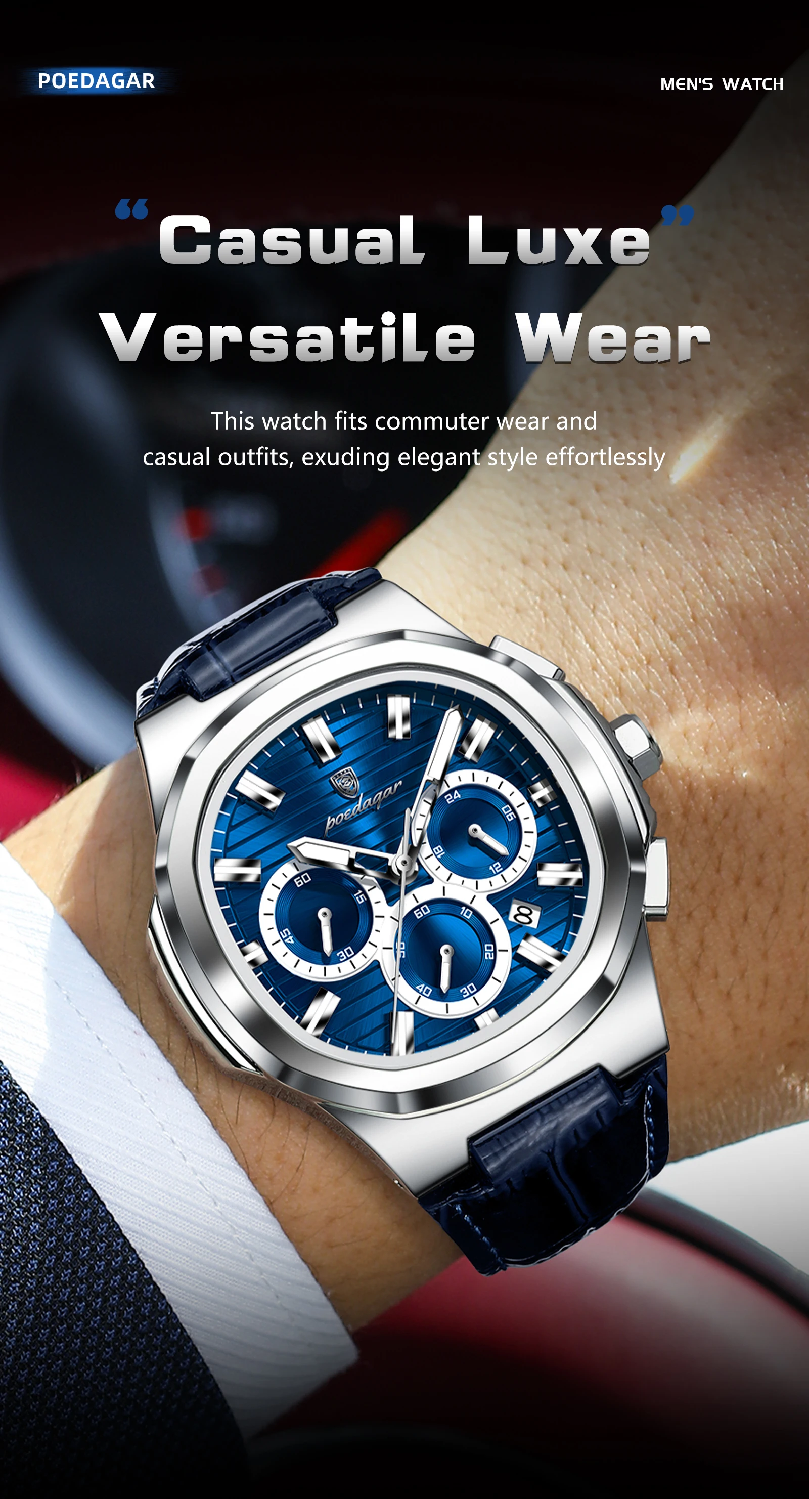 POEDAGAR Business-Herrenuhr Leder Wasserdicht Leuchtend Sport Herrenuhr Datum Chronograph Quarz Mode Herrenuhren Reloj – Detail 4