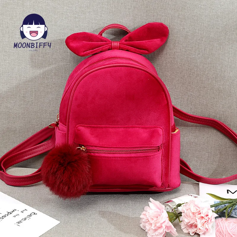 Solid Velvet Short Plush Backpack Cute Plush Ball Kid Toddler Mini Rabbit Bag Baby Cartoon Bowknot Shoulder Bag Schoolbag